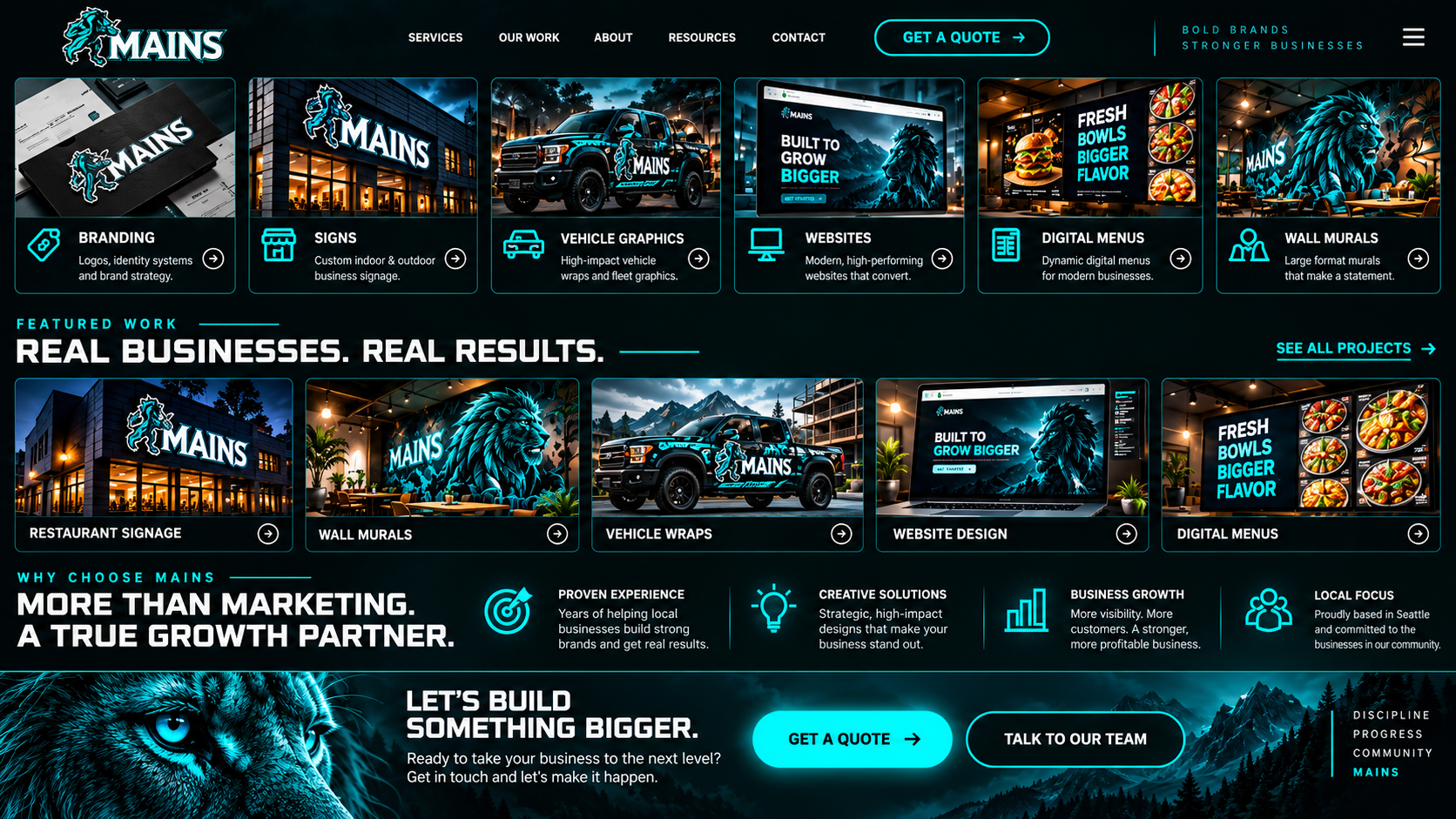 MAINS conceptual website layout — branding, signs, graphics, websites, menus and murals
